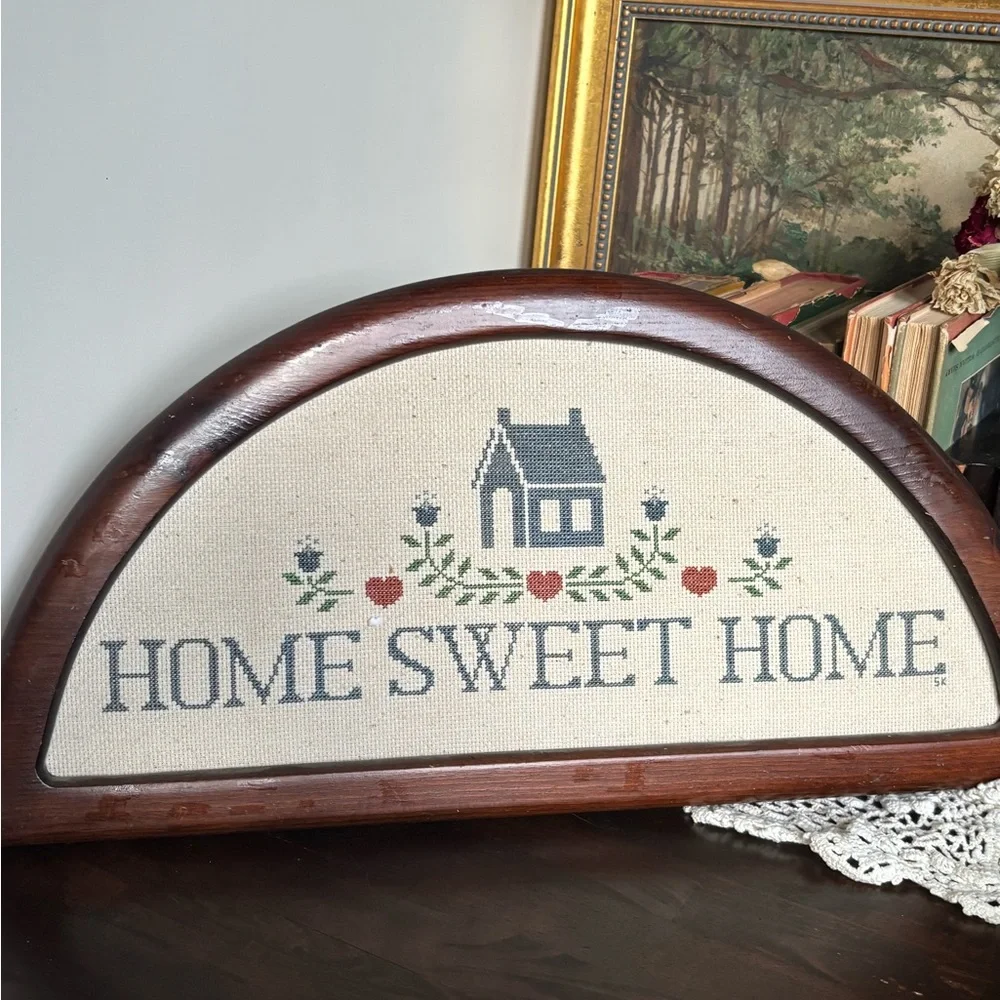 Vintage Cross-Stitch “Home Sweet Home” Arched Wooden Framed Kitchen/Entry Piece - Picture 3 of 14